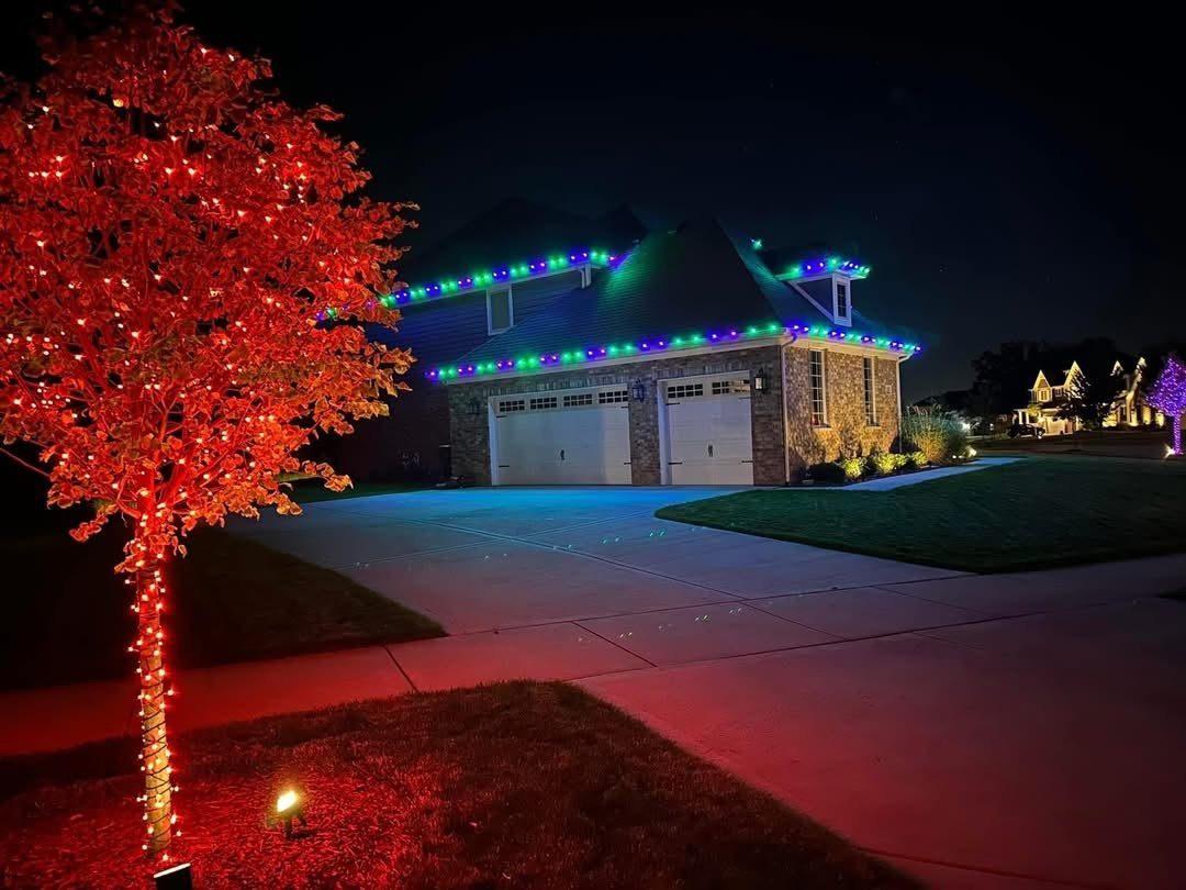 Holiday lights — red tree wrap with purple-green house